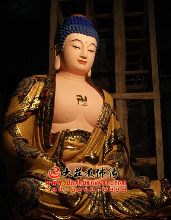 彩绘描金生漆脱胎娑婆三圣之释迦牟尼佛塑像侧面照 彩绘描金生漆脱胎娑婆三圣之释迦牟尼佛塑像侧面照